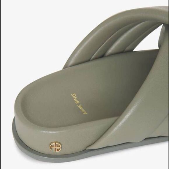 Revolve Anine Bing Lizzie Lamb Leather Slides in Green Khaki Sandals - Picture 4 of 11